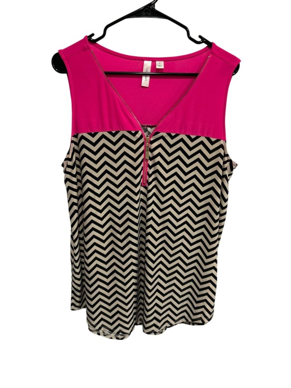 Tacera Womens Pink Black Chevron Sleeveless Top Size Large Front Zipper Y2K Boho